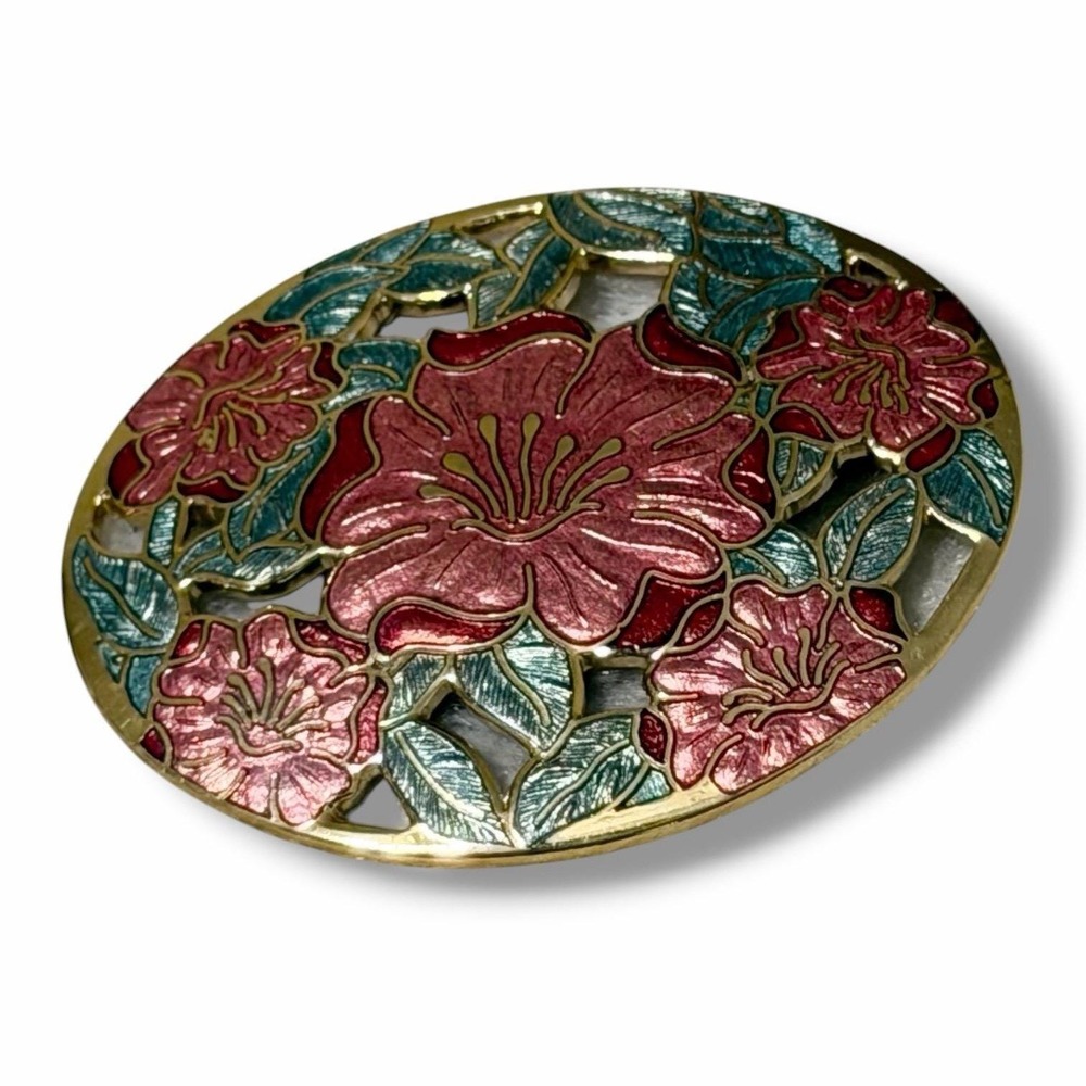 Fish and Crown Floral Cloisonne Gold Tone Vintage Brooch Oval Openwork Pin